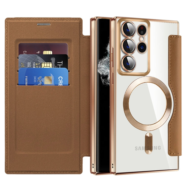 For Samsung Galaxy S22 Ultra 5G Shield MagSafe RFID Anti-theft Rhombus Leather Phone Case(Brown) - free shipping - PMC TechLife - Order now!