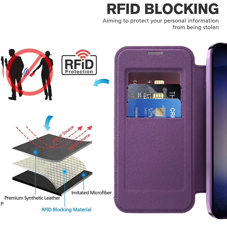 For Samsung Galaxy S24 5G Shield Magsafe RFID Anti-theft Rhombus Leather Phone Case(Purple) - Galaxy S24 5G Cases by PMC TechLife | Online Shopping South Africa | PMC TechLife