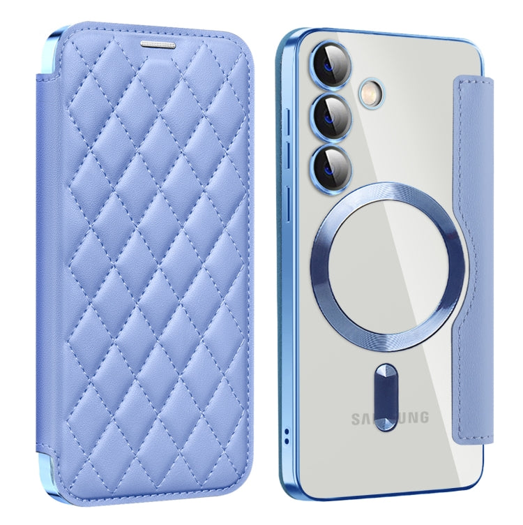 For Samsung Galaxy S24 5G Shield MagSafe RFID Anti-theft Rhombus Leather Phone Case(Blue) - free shipping - PMC TechLife - Order now!