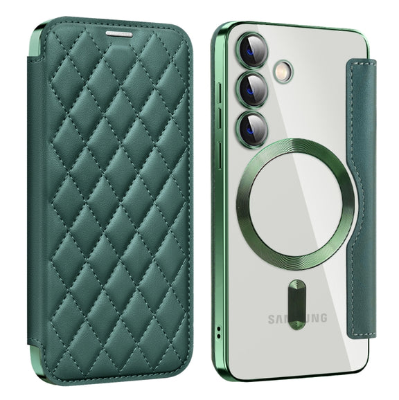 For Samsung Galaxy S24 5G Shield Magsafe RFID Anti-theft Rhombus Leather Phone Case(Green)