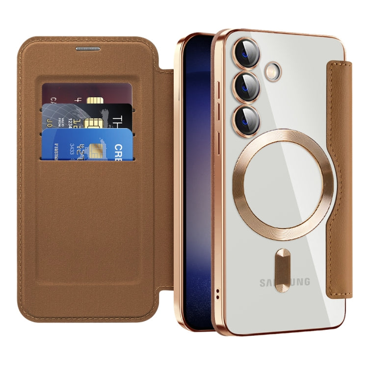 For Samsung Galaxy S24 5G Shield Magsafe RFID Anti-theft Rhombus Leather Phone Case(Brown) - Galaxy S24 5G Cases by PMC TechLife | Online Shopping South Africa | PMC TechLife