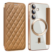 For Samsung Galaxy S24 5G Shield Magsafe RFID Anti-theft Rhombus Leather Phone Case(Brown)