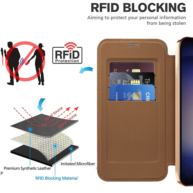 For Samsung Galaxy S24 5G Shield Magsafe RFID Anti-theft Rhombus Leather Phone Case(Brown)