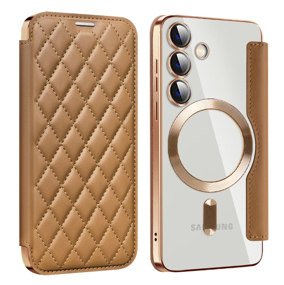 For Samsung Galaxy S24 5G Shield Magsafe RFID Anti-theft Rhombus Leather Phone Case(Brown)