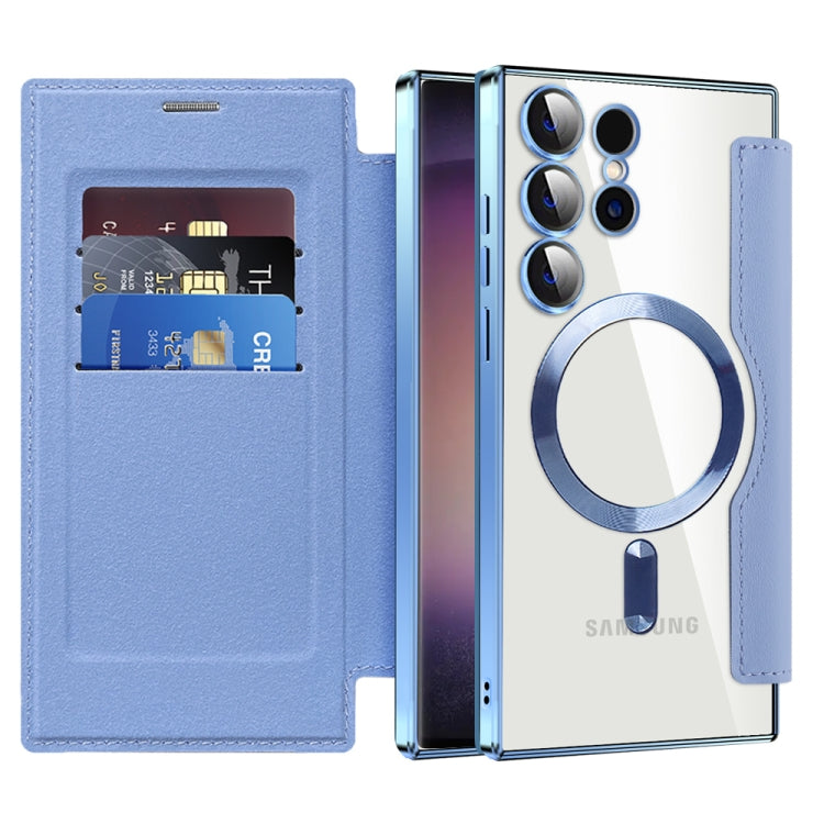 For Samsung Galaxy S24 Ultra 5G Shield MagSafe RFID Anti-theft Rhombus Leather Phone Case(Blue)