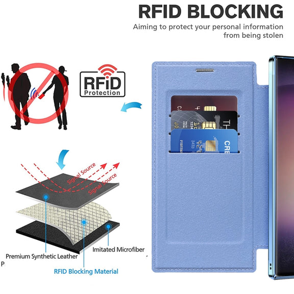 For Samsung Galaxy S24 Ultra 5G Shield MagSafe RFID Anti-theft Rhombus Leather Phone Case(Blue)