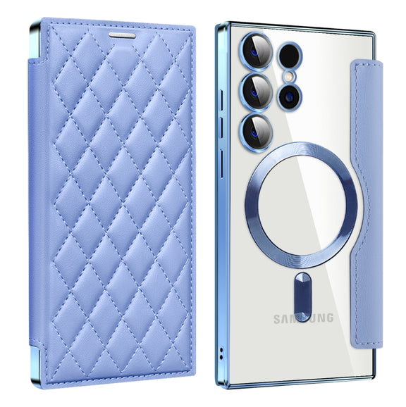 For Samsung Galaxy S24 Ultra 5G Shield MagSafe RFID Anti-theft Rhombus Leather Phone Case(Blue)