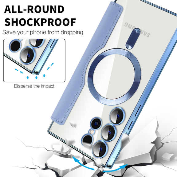 For Samsung Galaxy S24 Ultra 5G Shield MagSafe RFID Anti-theft Rhombus Leather Phone Case(Blue)
