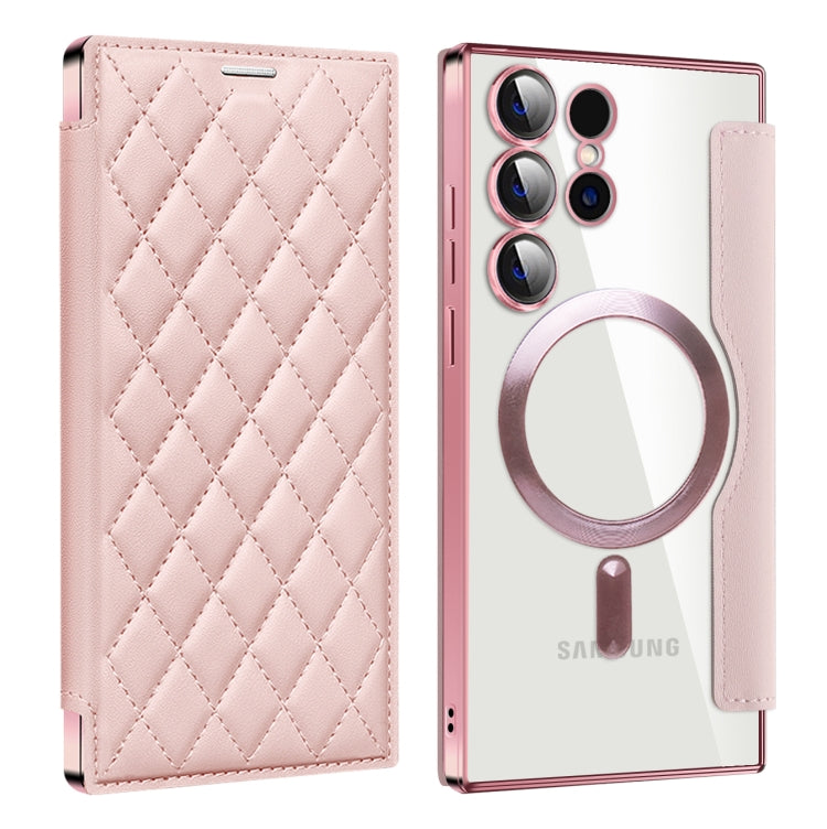 For Samsung Galaxy S24 Ultra 5G Shield Magsafe RFID Anti-theft Rhombus Leather Phone Case(Pink) - Galaxy S24 Ultra 5G Cases by PMC TechLife | Online Shopping South Africa | PMC TechLife