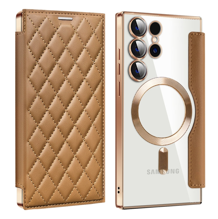 For Samsung Galaxy S24 Ultra 5G Shield Magsafe RFID Anti-theft Rhombus Leather Phone Case(Brown) - Galaxy S24 Ultra 5G Cases by PMC TechLife | Online Shopping South Africa | PMC TechLife