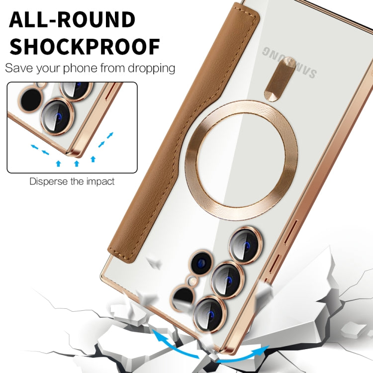 For Samsung Galaxy S24 Ultra 5G Shield Magsafe RFID Anti-theft Rhombus Leather Phone Case(Brown)