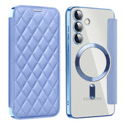 For Samsung Galaxy S24+ 5G Shield MagSafe RFID Anti-theft Rhombus Leather Phone Case(Blue)
