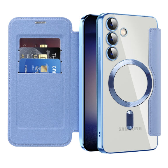 For Samsung Galaxy S24+ 5G Shield MagSafe RFID Anti-theft Rhombus Leather Phone Case(Blue)