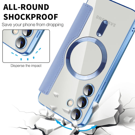 For Samsung Galaxy S24+ 5G Shield MagSafe RFID Anti-theft Rhombus Leather Phone Case(Blue)