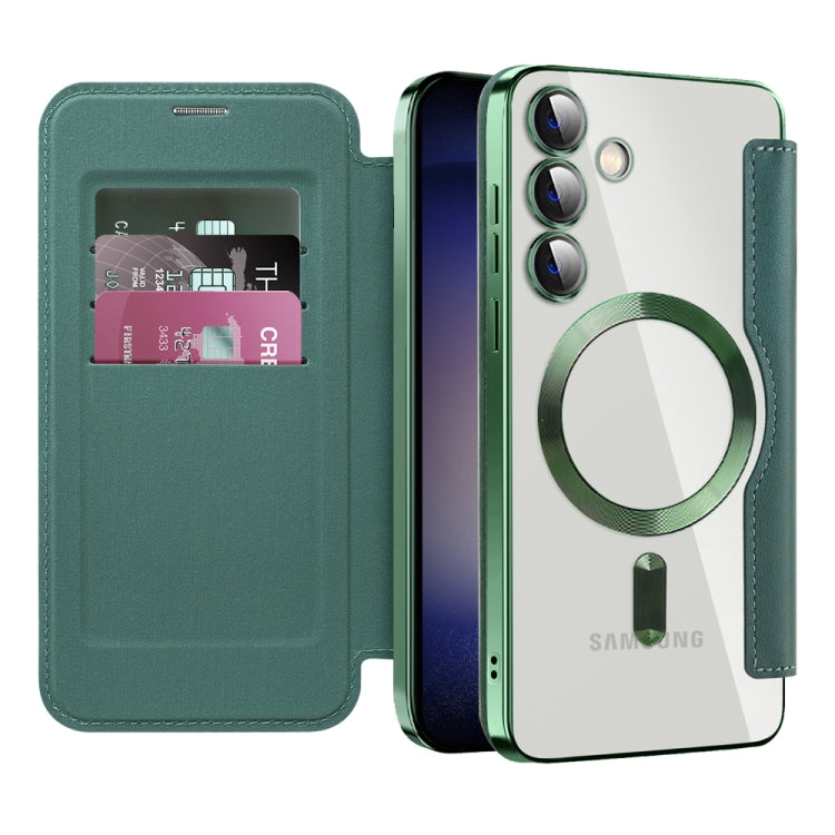 For Samsung Galaxy S24+ 5G Shield Magsafe RFID Anti-theft Rhombus Leather Phone Case(Green)