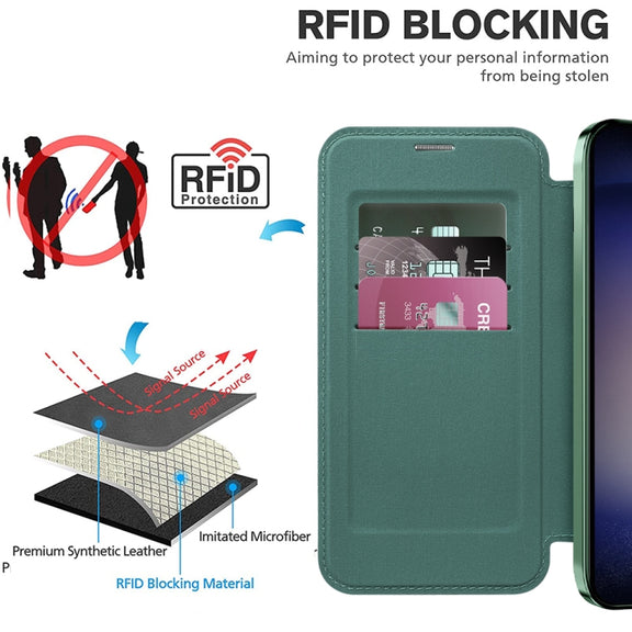 For Samsung Galaxy S24+ 5G Shield Magsafe RFID Anti-theft Rhombus Leather Phone Case(Green)