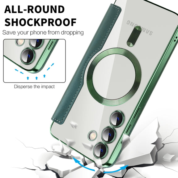 For Samsung Galaxy S24+ 5G Shield Magsafe RFID Anti-theft Rhombus Leather Phone Case(Green)