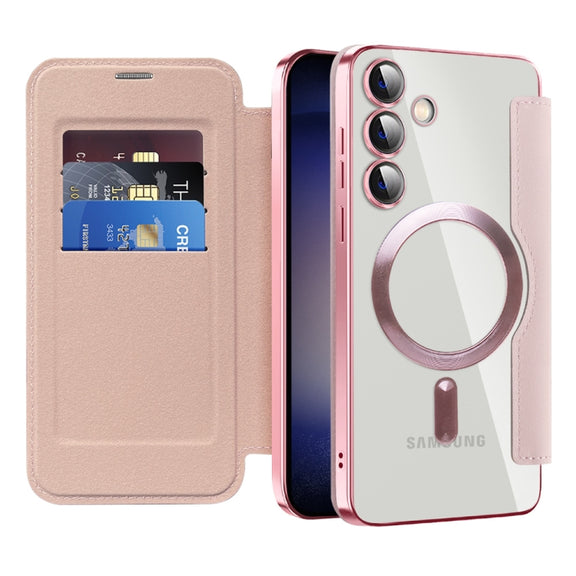 For Samsung Galaxy S24+ 5G Shield MagSafe RFID Anti-theft Rhombus Leather Phone Case(Pink)