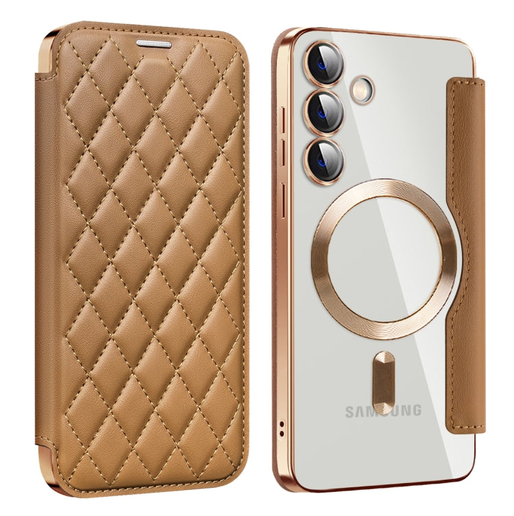 For Samsung Galaxy S24+ 5G Shield Magsafe RFID Anti-theft Rhombus Leather Phone Case(Brown) - Galaxy S24+ 5G Cases by PMC TechLife | Online Shopping South Africa | PMC TechLife