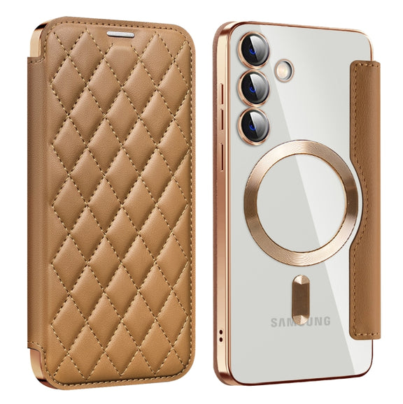 For Samsung Galaxy S24+ 5G Shield Magsafe RFID Anti-theft Rhombus Leather Phone Case(Brown)
