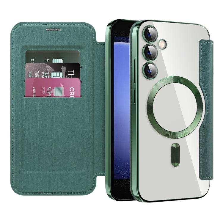 For Samsung Galaxy S23 FE 5G Shield MagSafe RFID Anti-theft Rhombus Leather Phone Case(Green)