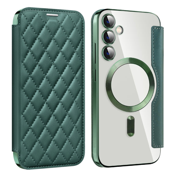 For Samsung Galaxy S23 FE 5G Shield MagSafe RFID Anti-theft Rhombus Leather Phone Case(Green)