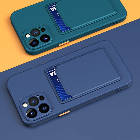 For iPhone 15 Skin Feel Card Contrast Color Button TPU Phone Case(Dark Green)