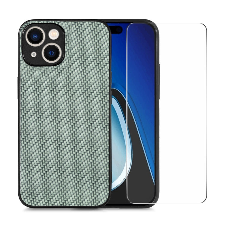 For iPhone 15 ENKAY Fiber Leather Skin PC Phone Case with High Aluminum-silicon Glass Film(Green) - iPhone 15 Cases by ENKAY | Online Shopping South Africa | PMC TechLife | Buy Now Pay Later Mobicred