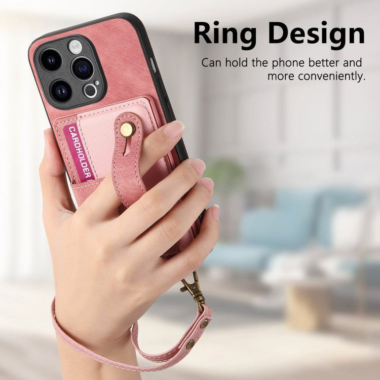 For iPhone 15 Pro Retro Cross Wristband Wallet Leather Back Phone Case(Pink)