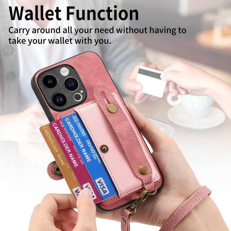 For iPhone 15 Pro Retro Cross Wristband Wallet Leather Back Phone Case(Pink)