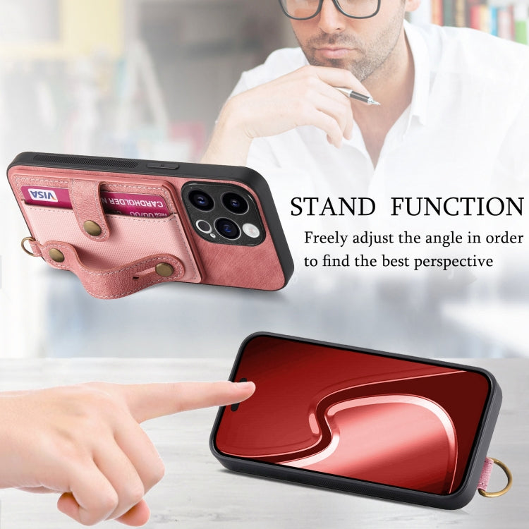 For iPhone 15 Pro Retro Cross Wristband Wallet Leather Back Phone Case(Pink)