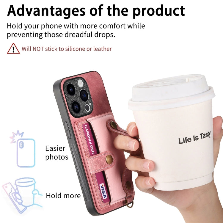 For iPhone 15 Pro Retro Cross Wristband Wallet Leather Back Phone Case(Pink)