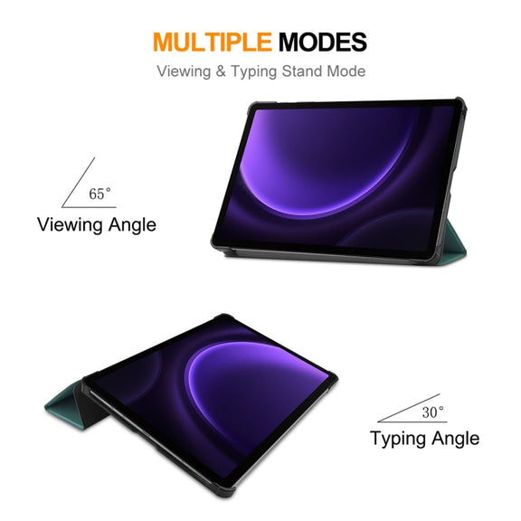For Samsung Galaxy Tab S9 FE ENKAY Tri-fold Custer Texture Leather Smart Tablet Case(Dark Green)