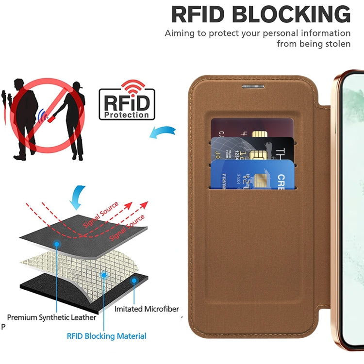 For Samsung Galaxy S22+ 5G Shield MagSafe RFID Anti-theft Leather Phone Case(Brown) - Galaxy S22+ 5G Cases by PMC TechLife | Online Shopping South Africa | PMC TechLife | Buy Now Pay Later Mobicred
