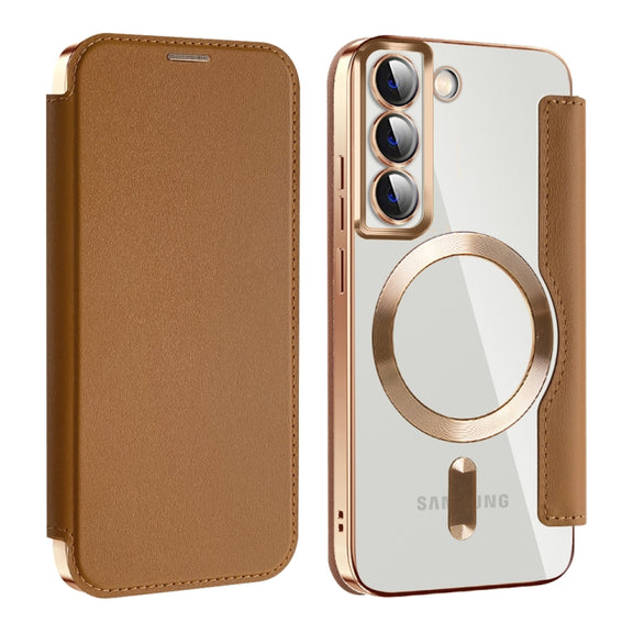 For Samsung Galaxy S22 5G Shield MagSafe RFID Anti-theft Leather Phone Case(Brown)