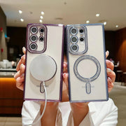 For Samsung Galaxy S22 Ultra 5G Diamond Gradient Plated MagSafe TPU Phone Case(Blue)
