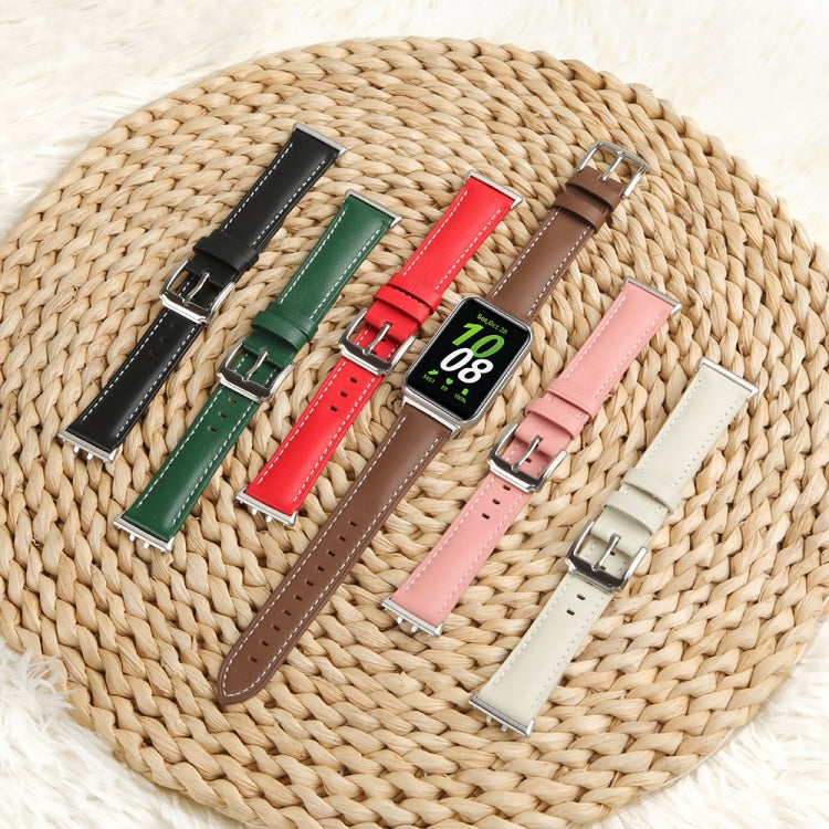 For Samsung Galaxy Watch Fit 3 Leather Sewing Thread Pin Buckle Watch Band(Pink)