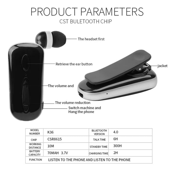K36 Stereo Wireless Bluetooth Headset Calls Remind Vibration Wear Clip Driver Auriculares Earphone(Pink)