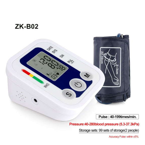 ZK-B02   Automatic Digital Upper Arm Blood Pressure Monitor Sphygmomanometer Pressure Gauge Heart Beat Rate Meter Tonometer Pulsometer