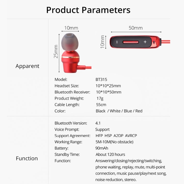 BT315 Sport Bluetooth Headset Wireless Stereo Earphone Bluetooth 4.1 Earpiece With Mic Sport Bass Magnetic Necklace Earpiece(Red) - Sport Earphone by PMC TechLife | Online Shopping South Africa | PMC TechLife