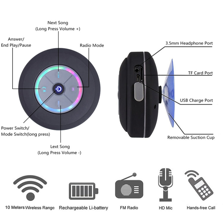 BTS-09 Wireless Bluetooth Speaker Waterproof Led FM Radio Subwoofer Bluetooth Column TF Card Suction Cup Mini Shower Speaker(Black) - free shipping - PMC TechLife - Order now!