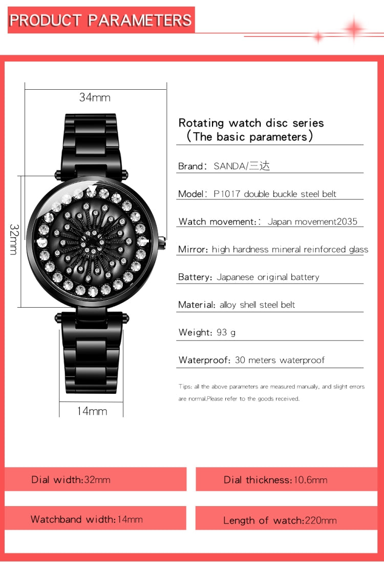 SANDA 1017 Lady Watch All Over The Sky Star 360 Degree Rotating Watch Diamond Steel Band Women Watch(Black) - Alloy Watches by SANDA