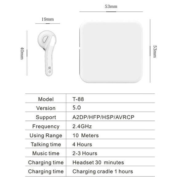 T88 Mini Touch Control Hifi Wireless Bluetooth Earphones TWS Wireless Earbuds with Charger Box(White)
