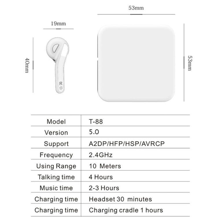 T88 Mini Touch Control Hifi Wireless Bluetooth Earphones TWS Wireless Earbuds with Charger Box(White)