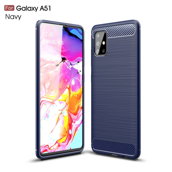 For Galaxy A51 Brushed Texture Carbon Fiber TPU Case(Navy Blue)