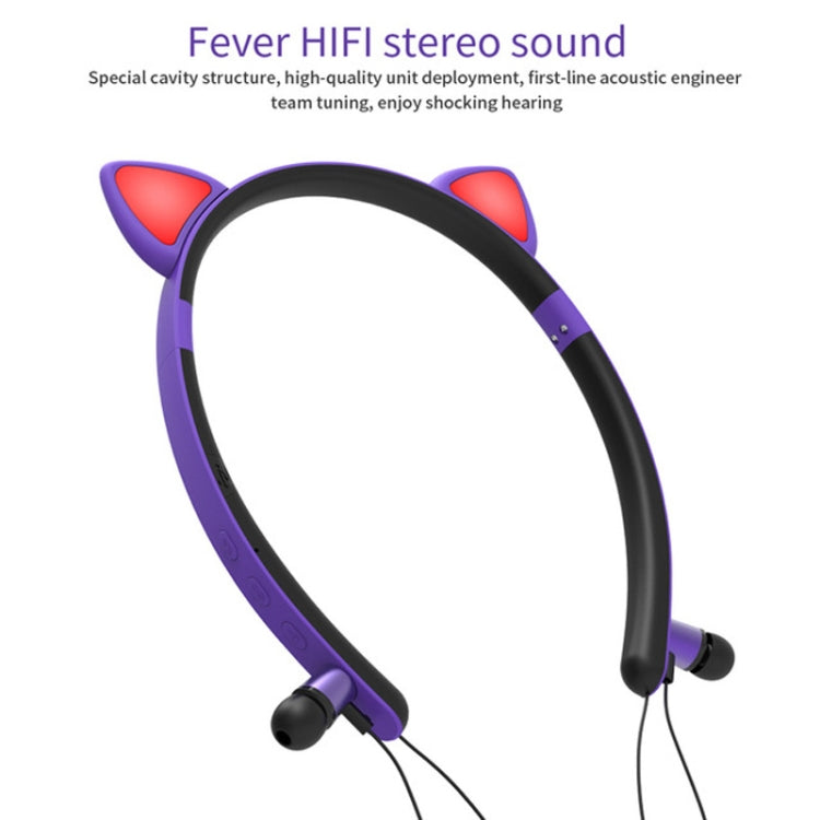 ZW29 Cat Ear Stereo Sound HIFI Fashion Outdoor Portable Sports Wireless  Bluetooth Headset with Mic & LED Light Glowing(Purple) - Neck-mounted Earphone by PMC TechLife | Online Shopping South Africa | PMC TechLife