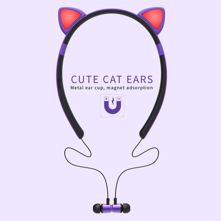 ZW29 Cat Ear Stereo Sound HIFI Fashion Outdoor Portable Sports Wireless  Bluetooth Headset with Mic & LED Light Glowing(Purple) - Neck-mounted Earphone by PMC TechLife | Online Shopping South Africa | PMC TechLife