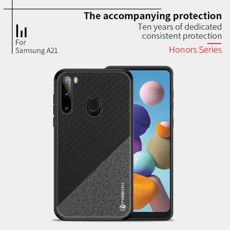 For Galaxy A21 PINWUYO Rong Series  Shockproof PC + TPU+ Chemical Fiber Cloth Protective Cover(Brown) - Galaxy Phone Cases by PINWUYO | Online Shopping South Africa | PMC TechLife | Buy Now Pay Later Mobicred
