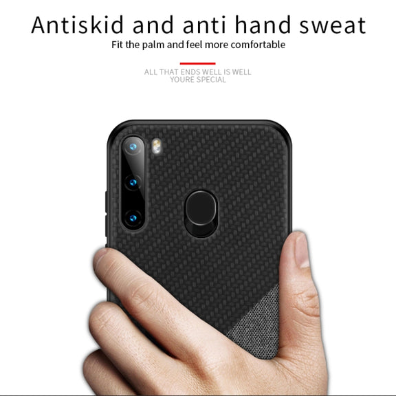For Galaxy A21 PINWUYO Rong Series  Shockproof PC + TPU+ Chemical Fiber Cloth Protective Cover(Brown)