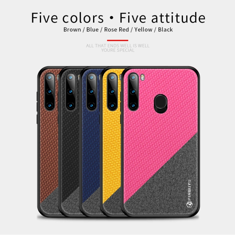 For Galaxy A21 PINWUYO Rong Series  Shockproof PC + TPU+ Chemical Fiber Cloth Protective Cover(Brown)
